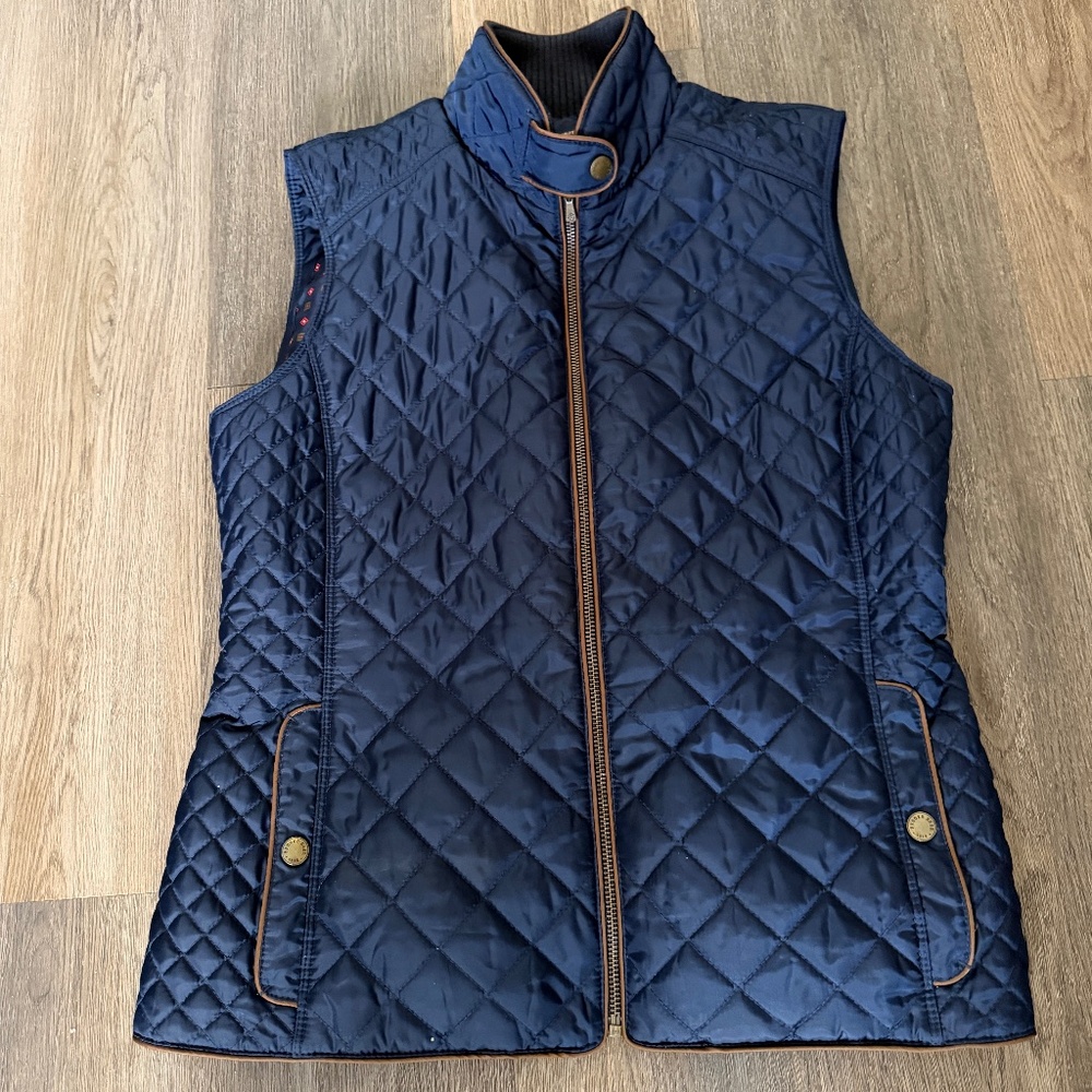 Brooks Brothers diamond quilted vest women's size M medium navy brown equestrian